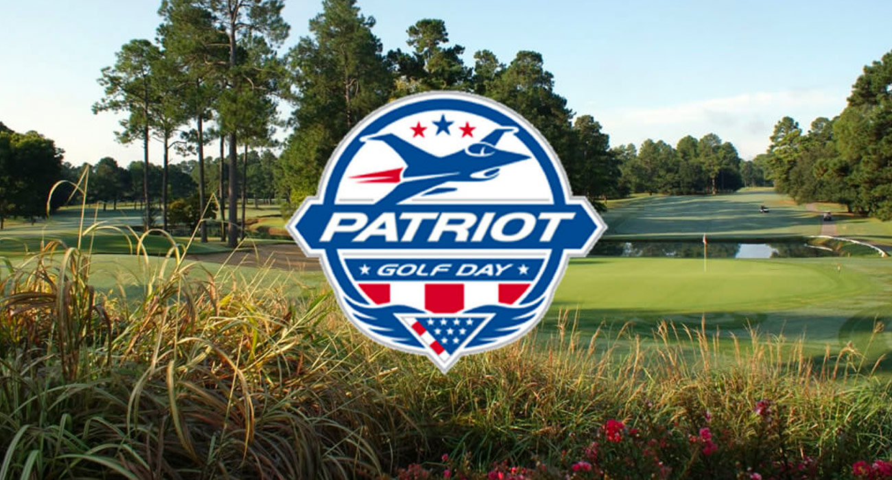 Patriot Golf Day logo on top of photo of golf course