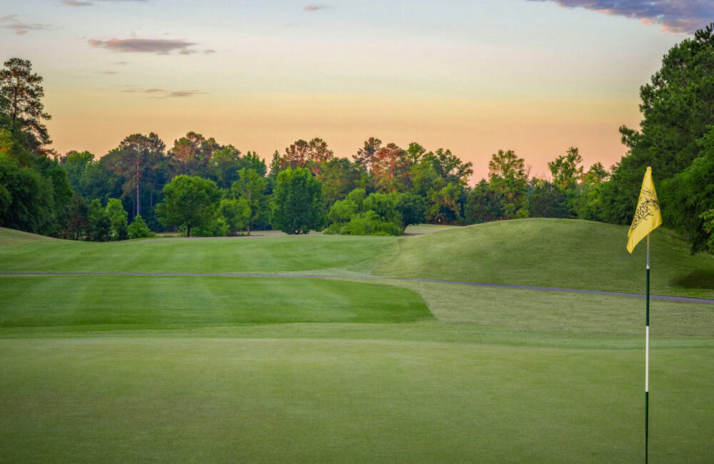 Golf Green with flag and sunset in background at Santee National