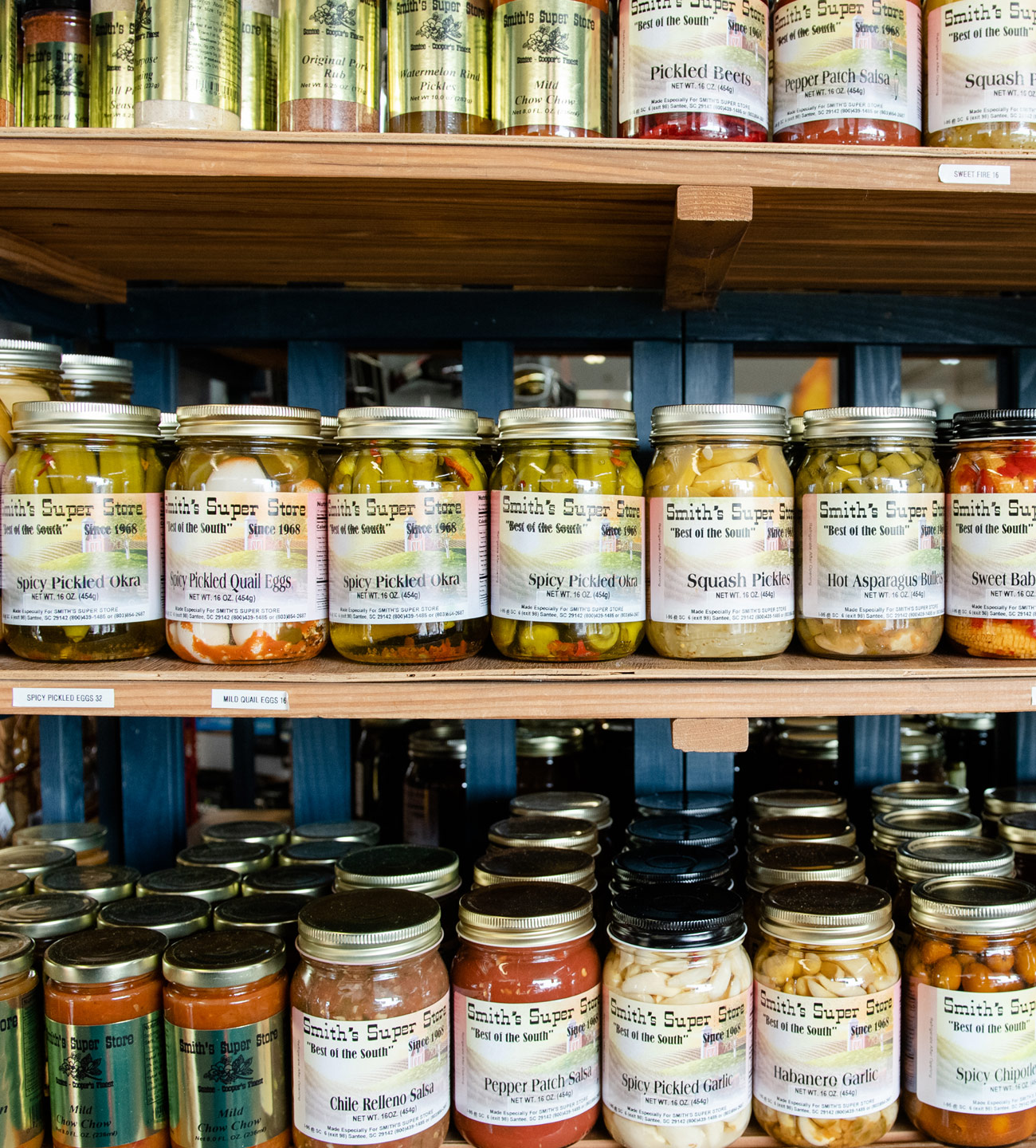 jars of Smith's Super store pickled okra, pickled beets, salsa, chow chow and more